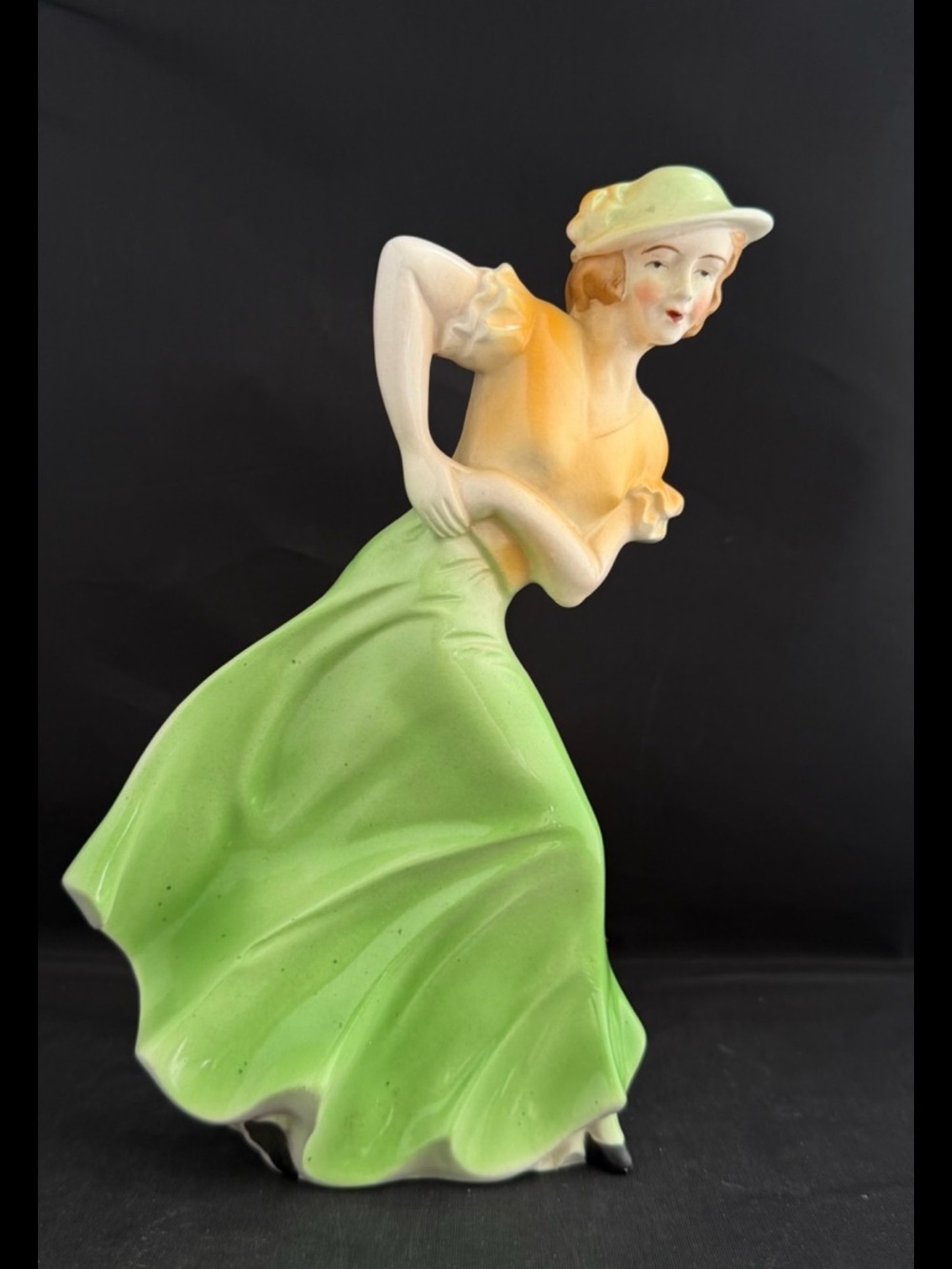 VTG Art Deco Ceramic Figurine Lady in Green Walking on Windy Day Japan 7.75"